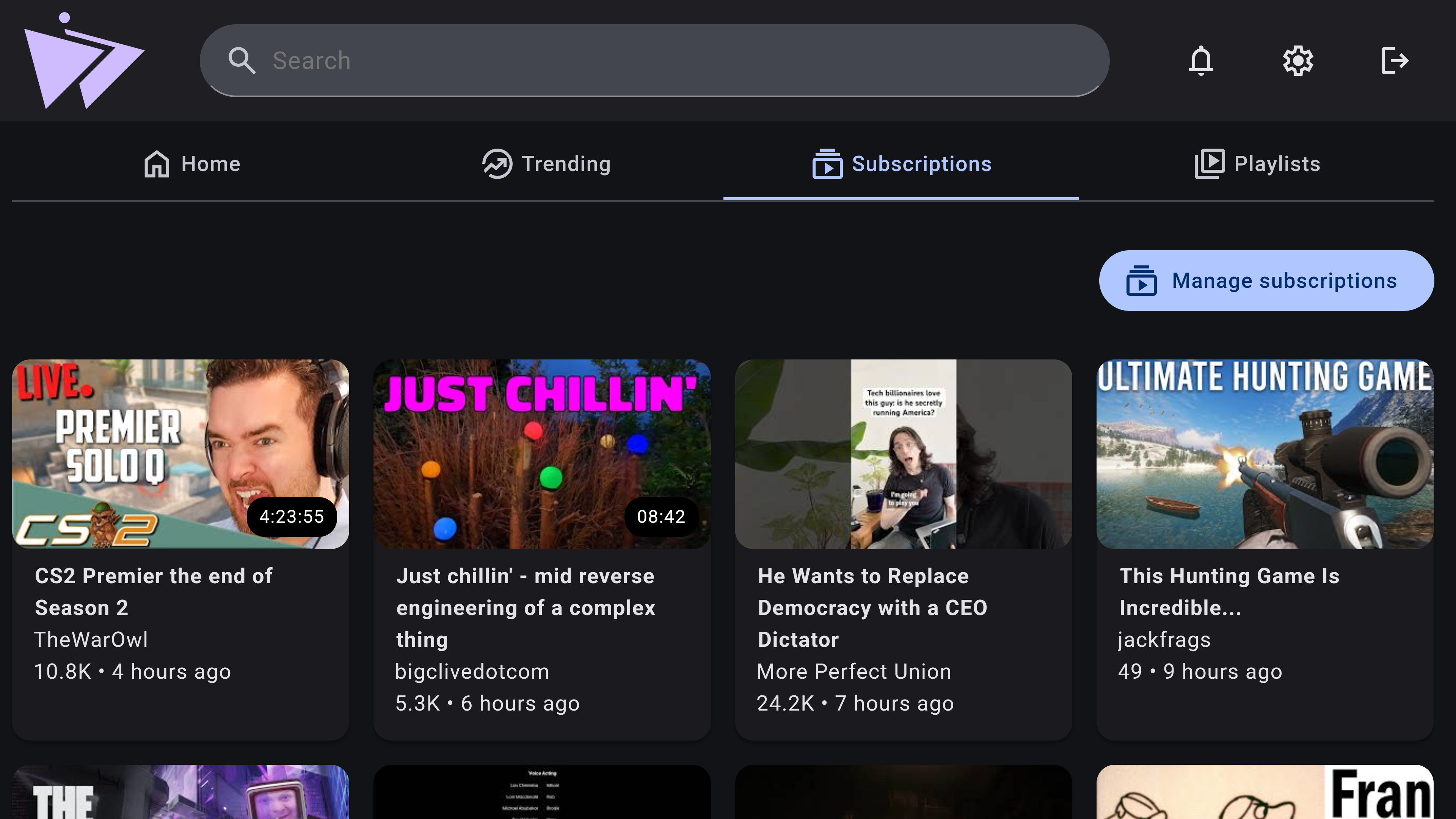 Preview of subscriptions page on Android TV